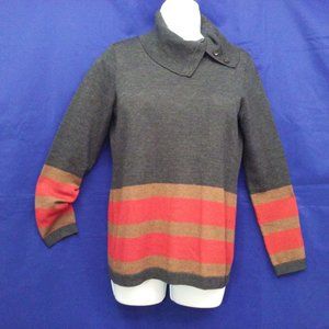 Pendleton Pullover Cowlneck Sweater Ladies-SP Merino Wool LS Striped Grey Red